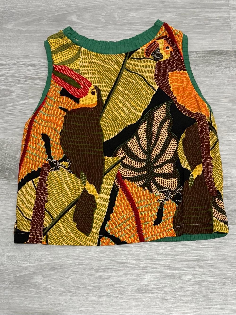 Tropical Parrot Print Crop Tank Top - Green/Yellow